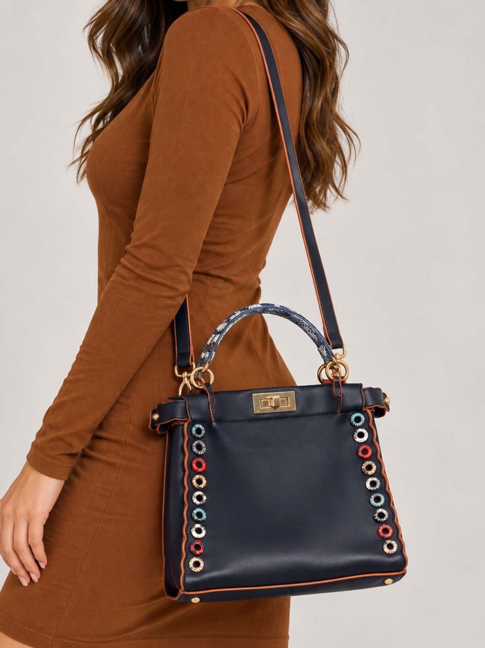 Classic Navy Satchel Handbag with Multicolor Eyelet Trim